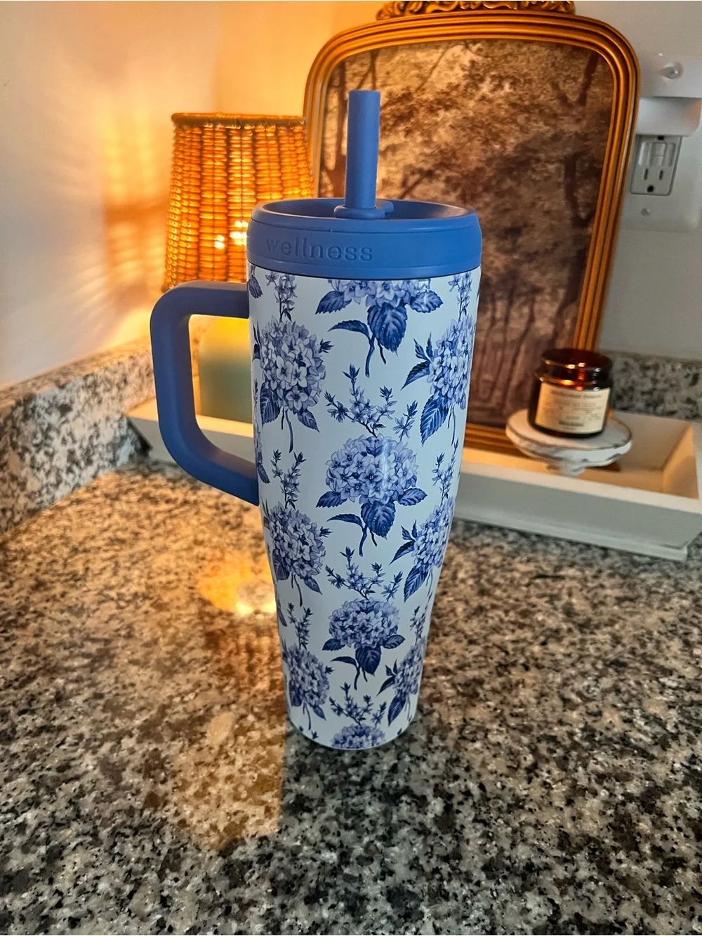 Wellness Blue Floral Travel Tumbler with Handle and Straw